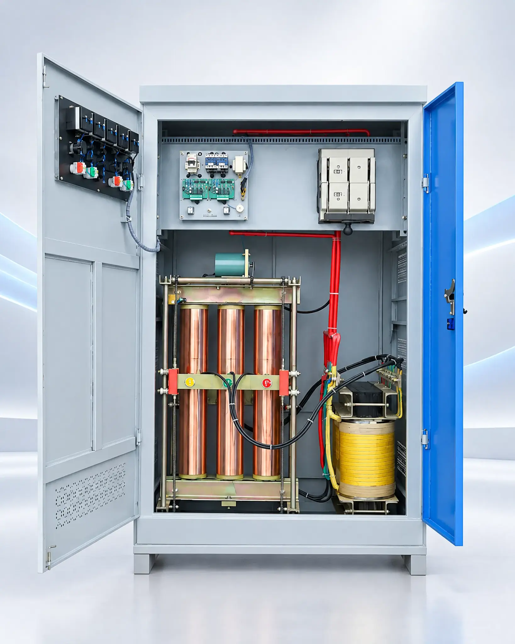 SBW Three-Phase Servo Voltage Stabilizer with Digital Control Cabinet Internal structure and production inspection