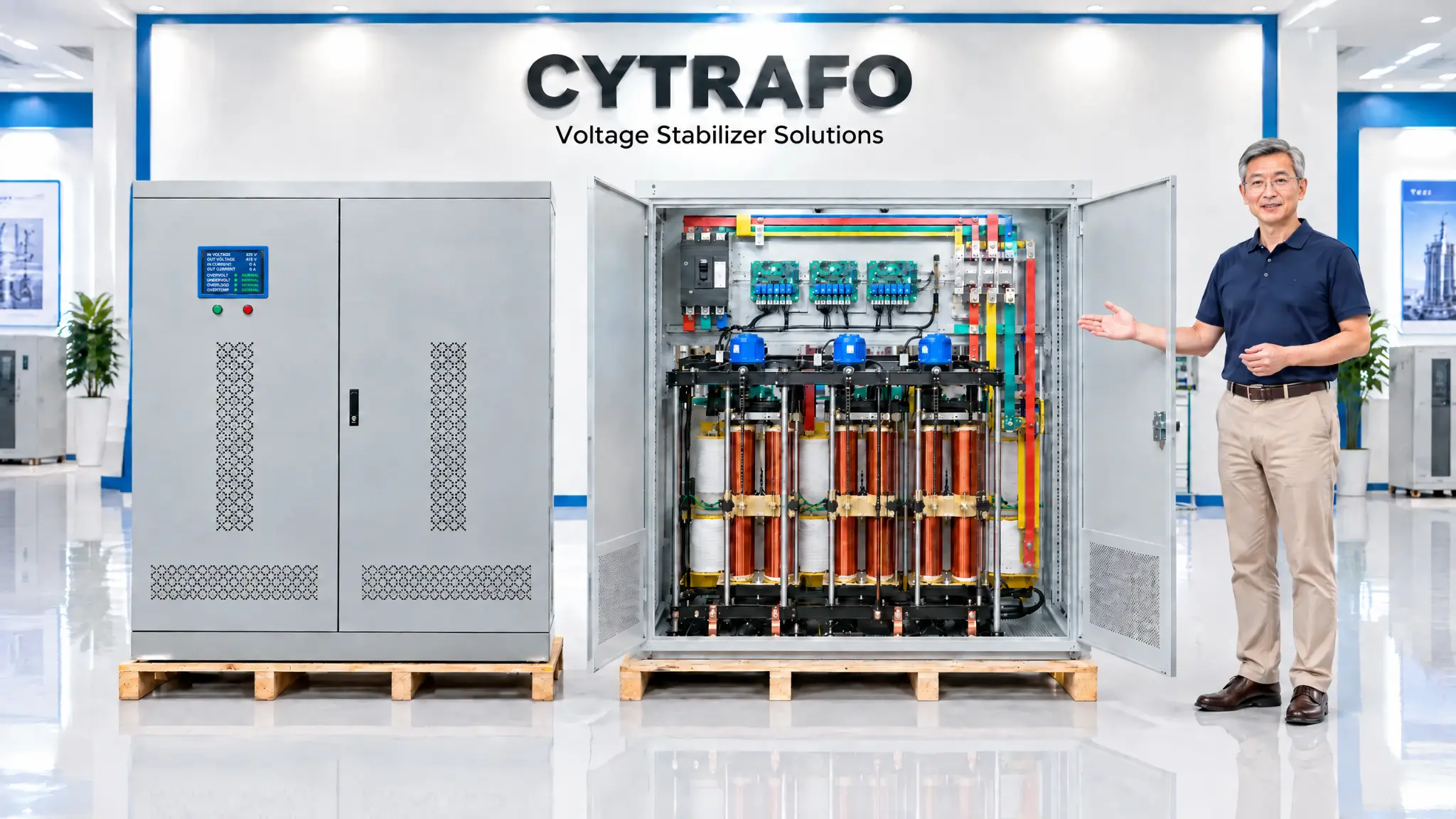 CYTRAFO SBW industrial three-phase servo voltage stabilizers in the showroom