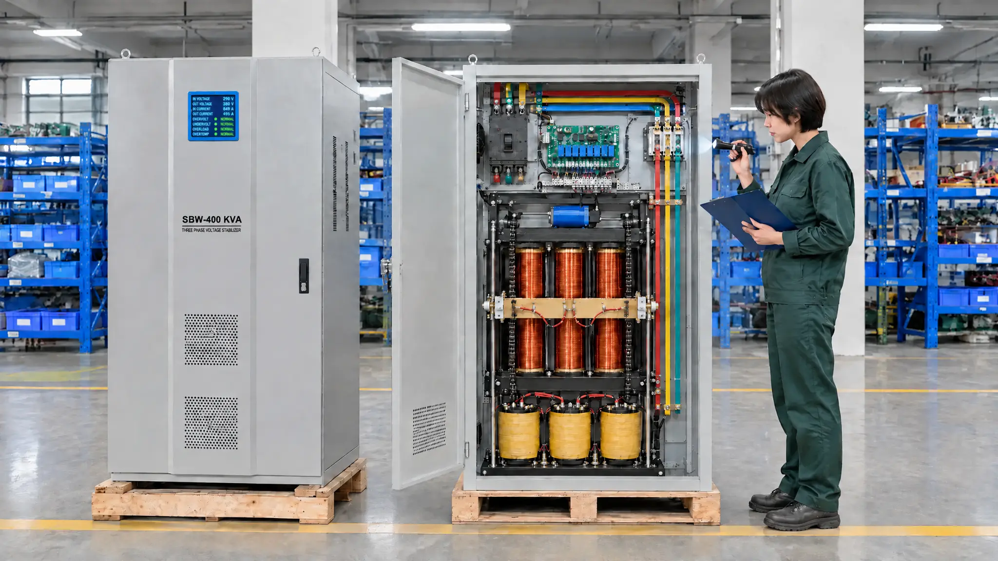 CYTRAFO technician inspecting an industrial voltage stabilizer